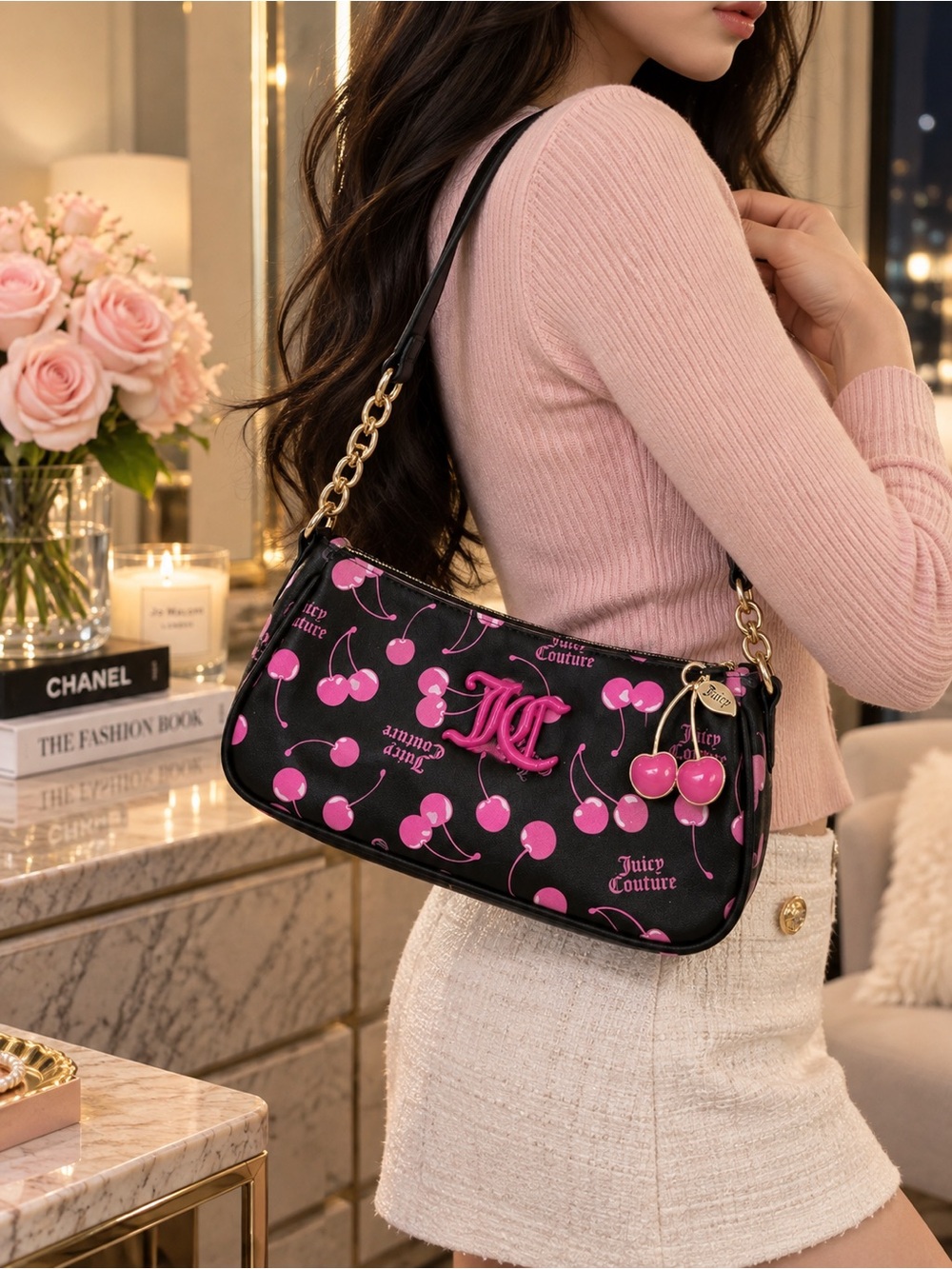 Juicy Couture Cherry On Top Black Pink Cherry Shoulder Bag